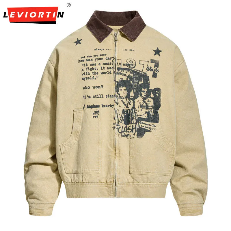 

Autumn and winter men's retro portrait letter print splicing design workwear lapel jacket loose casual simple plus velvet jacket