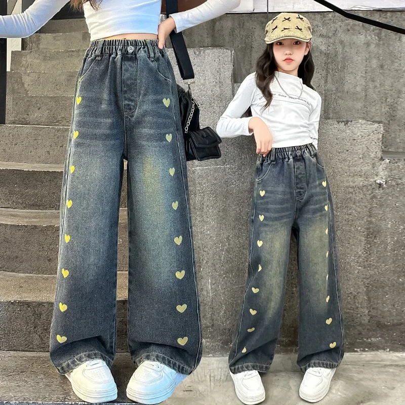 Girls Denim Pants Spring and Autumn New Teenagers Children Fashion Straight Leg Wide Leg Pants Child Love Printed Jeans Trousers