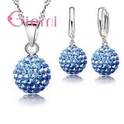 Best Hot New Jewelry Sets 925 Sterling Silver Austrian Crystal Pave Disco Ball Lever Back Earring Pendant Necklace Woman
