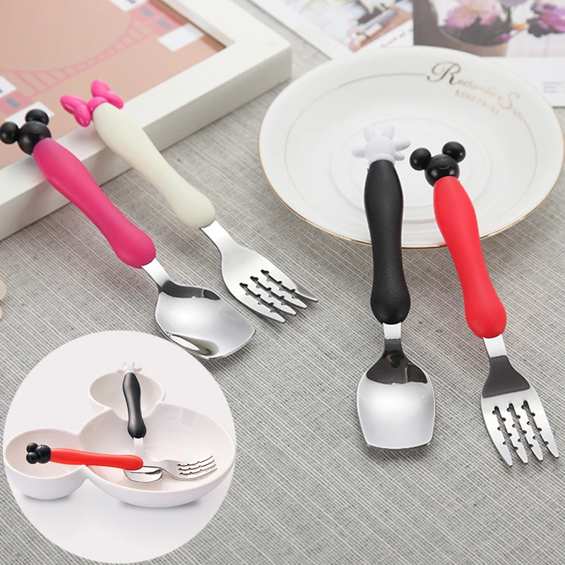 Disney Mickey Children Spoon Fork Anime Kids Tableware Stainless Steel Toddler Dinnerware Cutlery Infant Food Feeding Spoon Fork