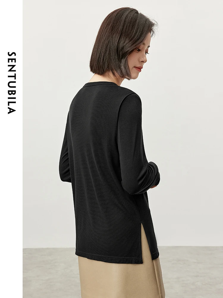 SENTUBILA Lyocell Round Neck T-shirt for Women 2024 Autumn Casual Solid Long Sleeve Slit-hem Simple Pullover Top 143T56782