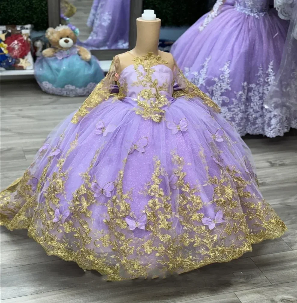 Luxury Lavender Flower Girls Dress Bow Beading Butterfly Ball Wedding Dresses Gold Lace Applique For Kids Birthday Party Gowns