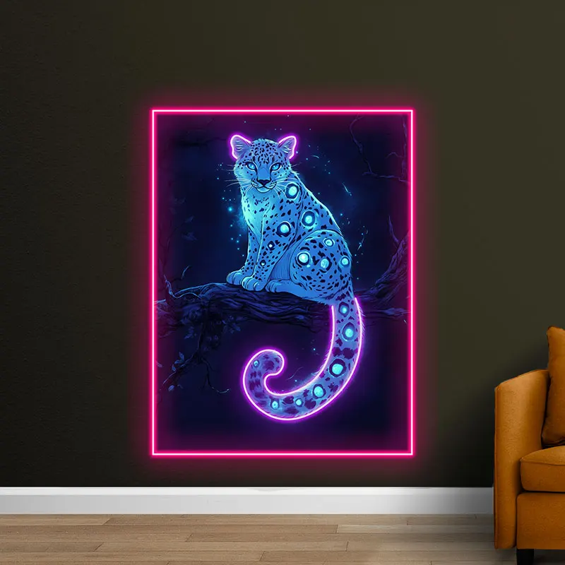 Fantasy Blue Leopard Neon Light Wall Art - Enchanting LED Decor with Pink Glow, Perfect for Bedroom, Bar and Gaming Room Decor