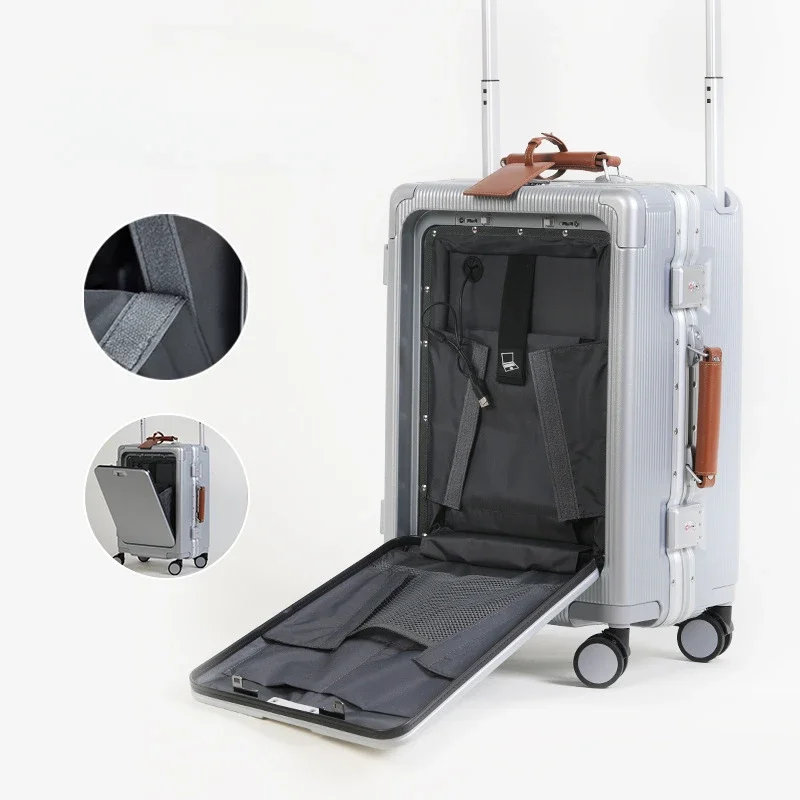 Luggage with Wheels Front Opening Multifunction Aluminum Frame Trolley Case Suitcase Combination Lock Travel Suitcase on Wheels