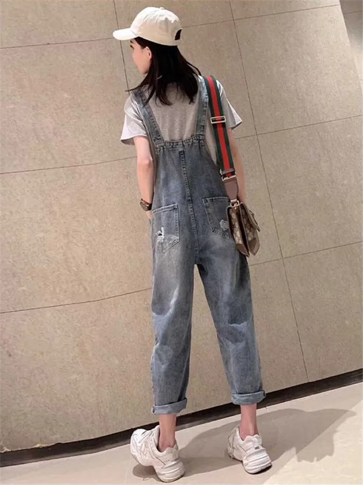 Women Clothes Solid Color Denim Jumpsuits Spring Summer Rompers Overalls New Hole Loose Jean Pant Female Casual Back Strap Pants