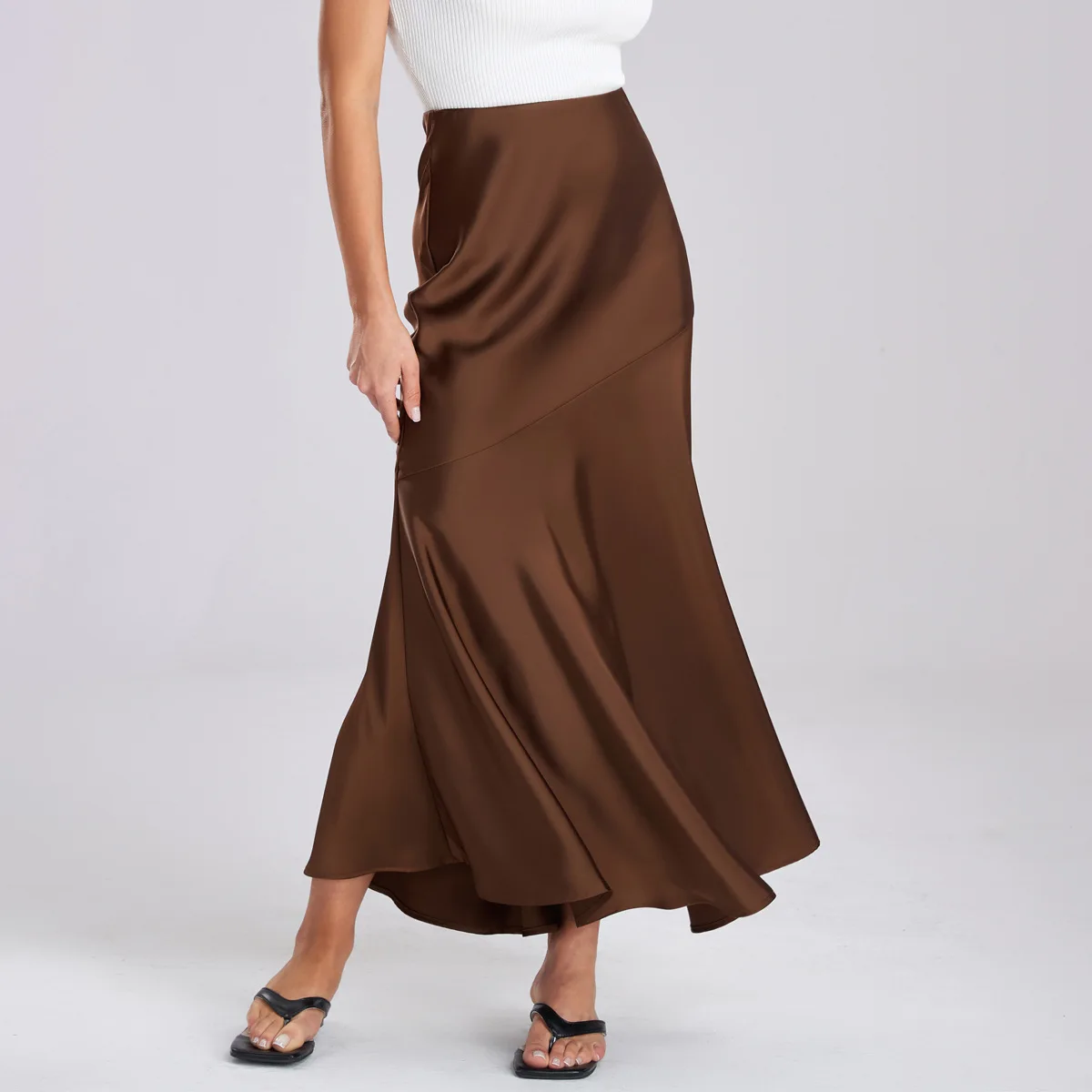 

New In Spring Summer Women' Solid Color Elegant High Waist Satin Long Skirt Office Lady Fashion Bodycon Slim Faldas