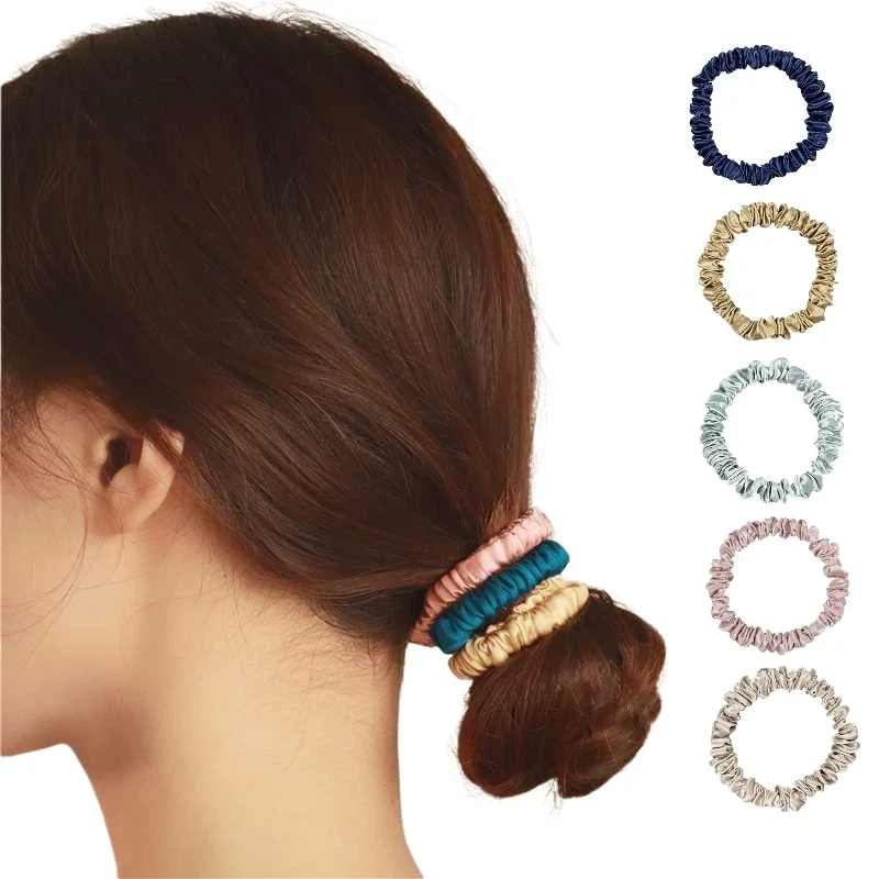 Newest 22 Momme Mulberry Silk Scrunchie Girl Small Elastic Bands Hair Ties Pure Silk Hair Rope Women Skinny Scrunchies Champagne