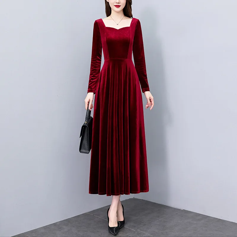 HKSH 2024 Spring Autumn Winter New Women Tide Gold Velvet Dress Large Size Shrink Waist Thin Black Elegant A-line Pullover H2893