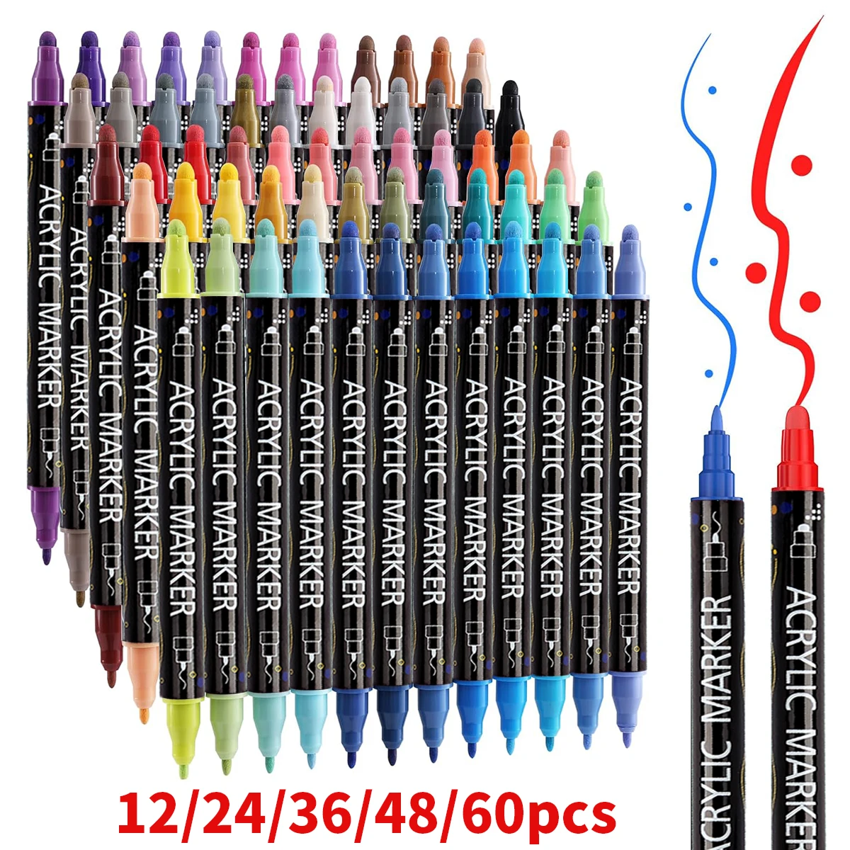 Dual Tip Acrylic Paint Pens Set - 12/24/36/48/60 Colors for Wood Canvas Stone Rock Glass Ceramic DIY Crafts Markers
