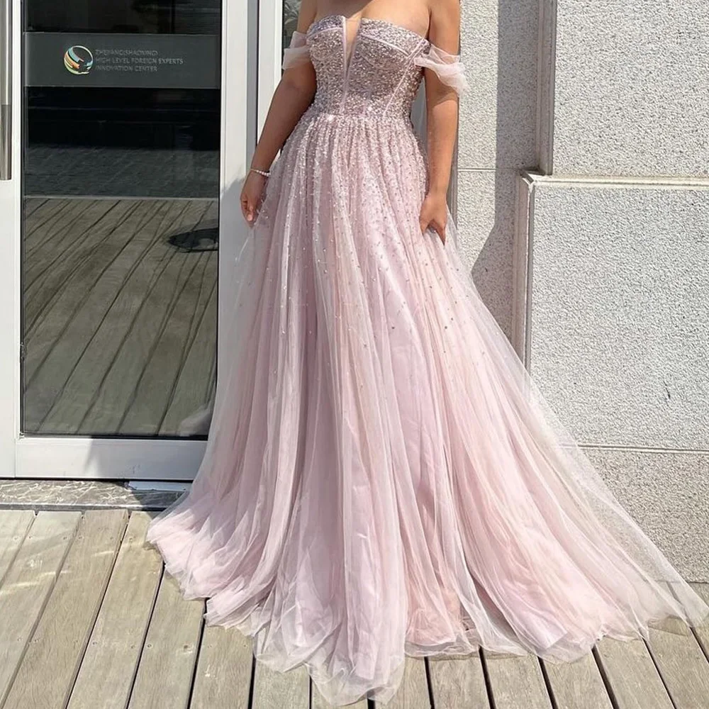 Strapless Off the Shoulder Tulle  Floor Length A-Line Evening Dress Panel Train Lace Up Back Sequined and Crystal Temperament