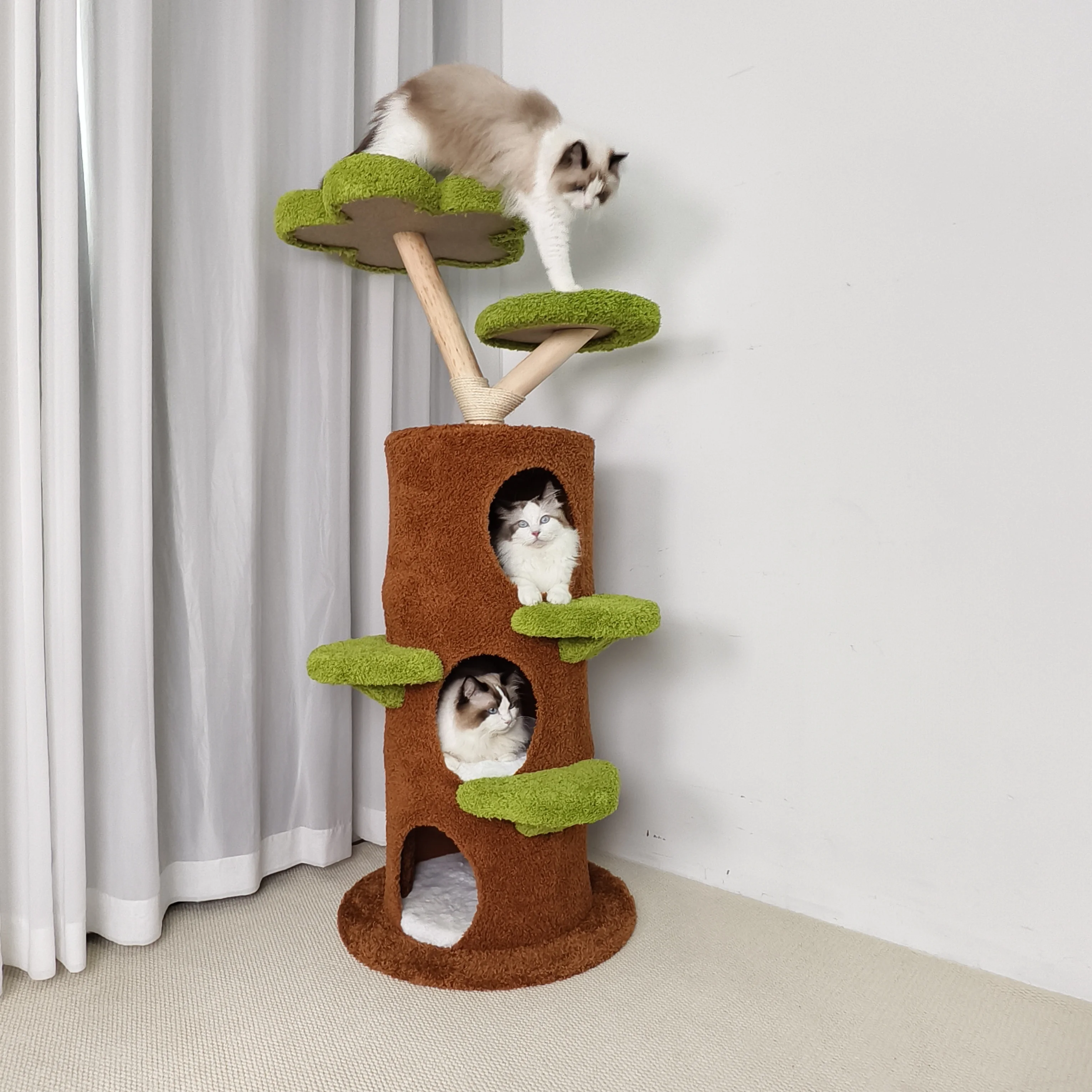&148CM Tall Indoor Cat Tree Tower Activity Tower Center for Large Cats with Flower-shaped Plush Stairs Condo
