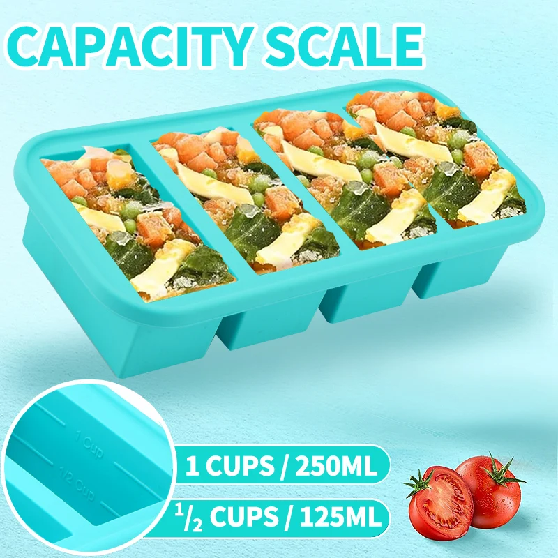 4 moldes cobertos de silicone para freezer - cubos de sopa com bordas de aço reforçadas - para sobras, sopa, molho, caçarolas, preparação de refeição