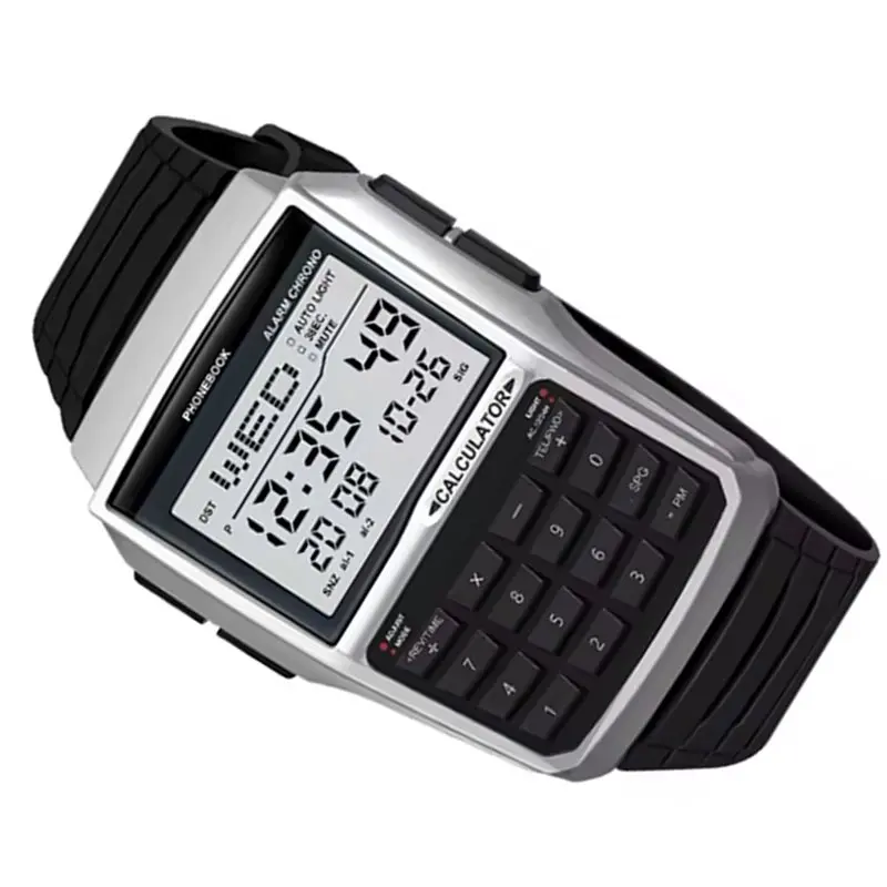 ABKQ-boîtier en plastique montre pour hommes Style ordinateur bracelet en acier inoxydable montre hommes calculatrice montre multifonctionnelle Led