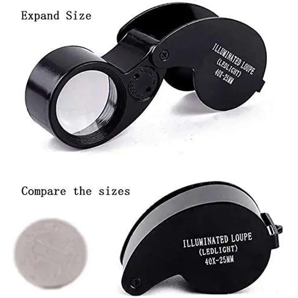 40X Magnifying Glass Jewelers Loupe Pocket Folding Magnifier With Light For Watch Coins Stamps Gems Jewelry Diamond Identifying