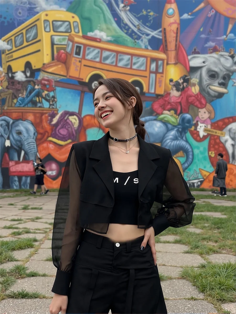 

Sun-proof Cropped See-through Back-Slit Blazers Elegant Woman Clothes For Women Collection Cinching Season Preppy Bf Japanese OL