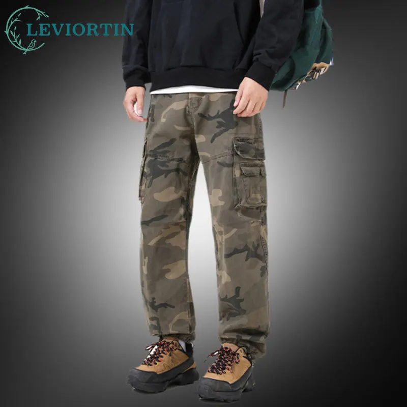 

Камуфляжные брюки-карго для мужчин, свободный крой в японском стиле, дышащие повседневные рабочие брюки на шнурке с несколькими карманами