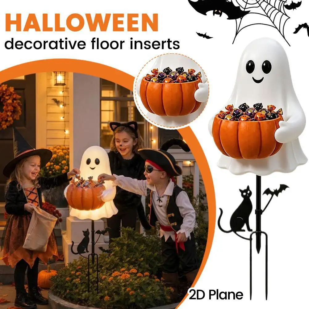 Halloween Ghost Candy Holder Decorative Lights LED Outdoor Ghost Decorations for Yard Garden Stake Glowing Pumpkin Candy Bowl
