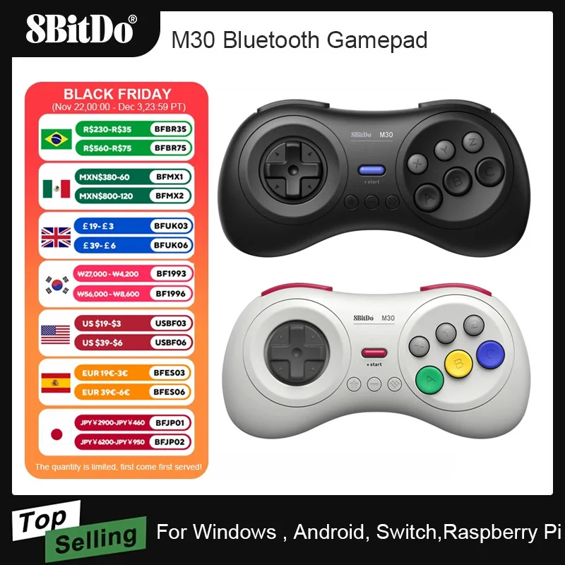 AKNES 8BitDo M30 Bluetooth Gamepad Game Controller MD Style for Nintendo Switch PC macOS Android Raspberry Pi Game Accessories