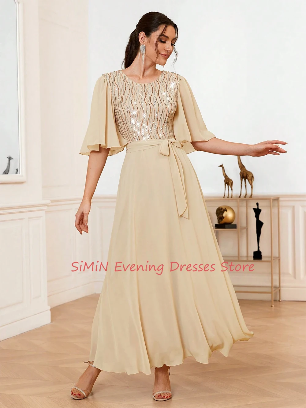 Simin Saudi O-Neck Sequins Simple Chiffon Ruffle Half sleeves Ankle-Length Arabia Sexy Evening Birthday Club Outfits Summer 2024