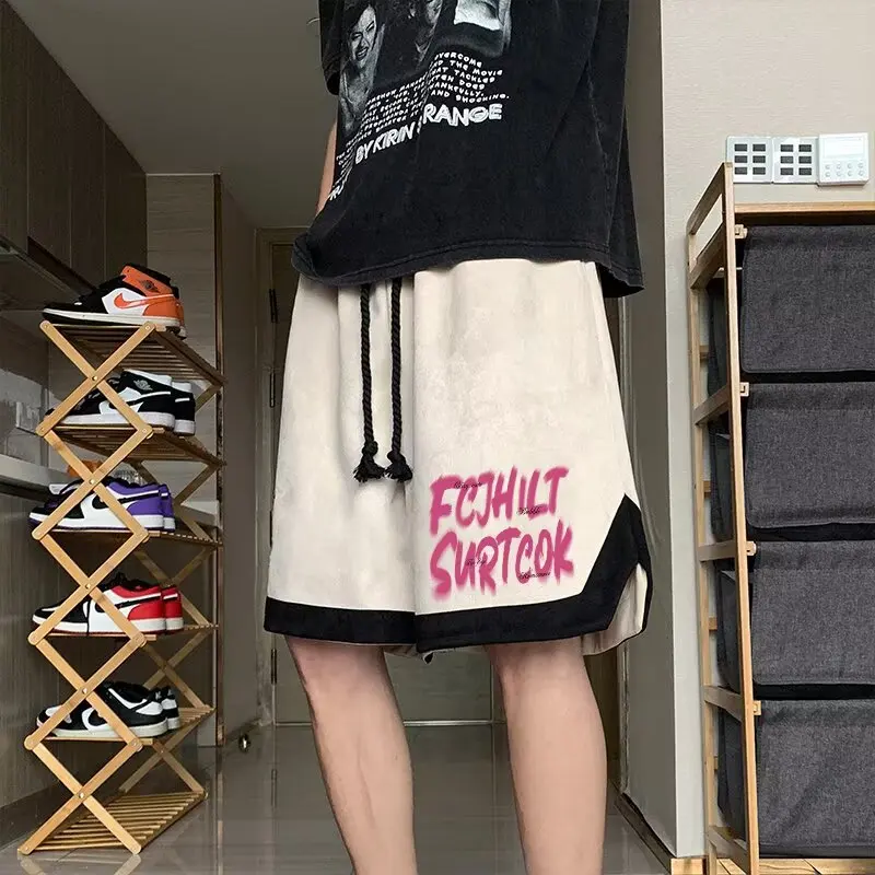 

Retro American Men's ort Pants Summer New Trend Brand Youth Sports Velvet Loose Five-Point Pants Casual Loose Fit Summer