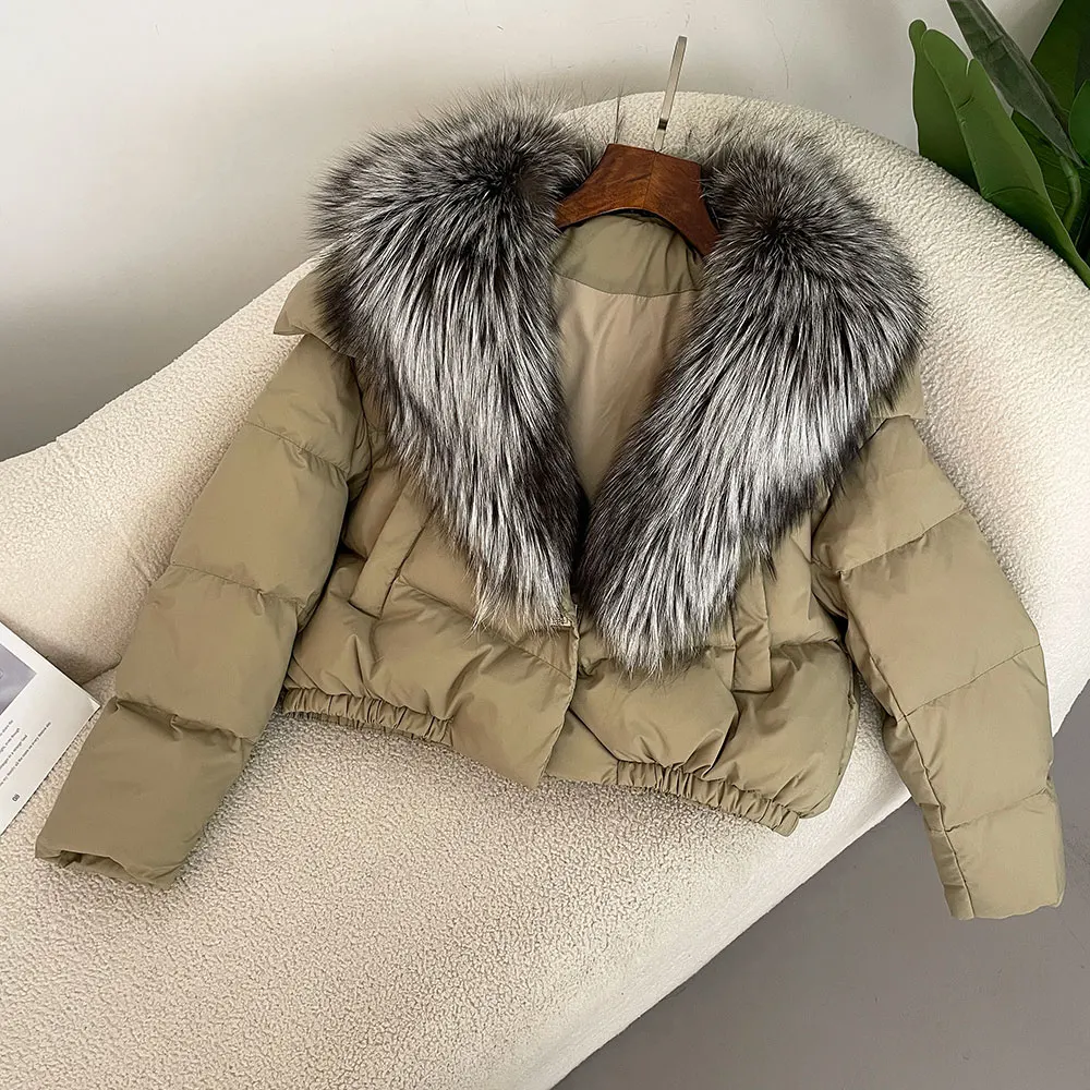 Detachable Collar Big Natural Real Fox Fur Jacket Women Short Puffer Jacket Thick New Autumn Winter Female White Duck Down Coat