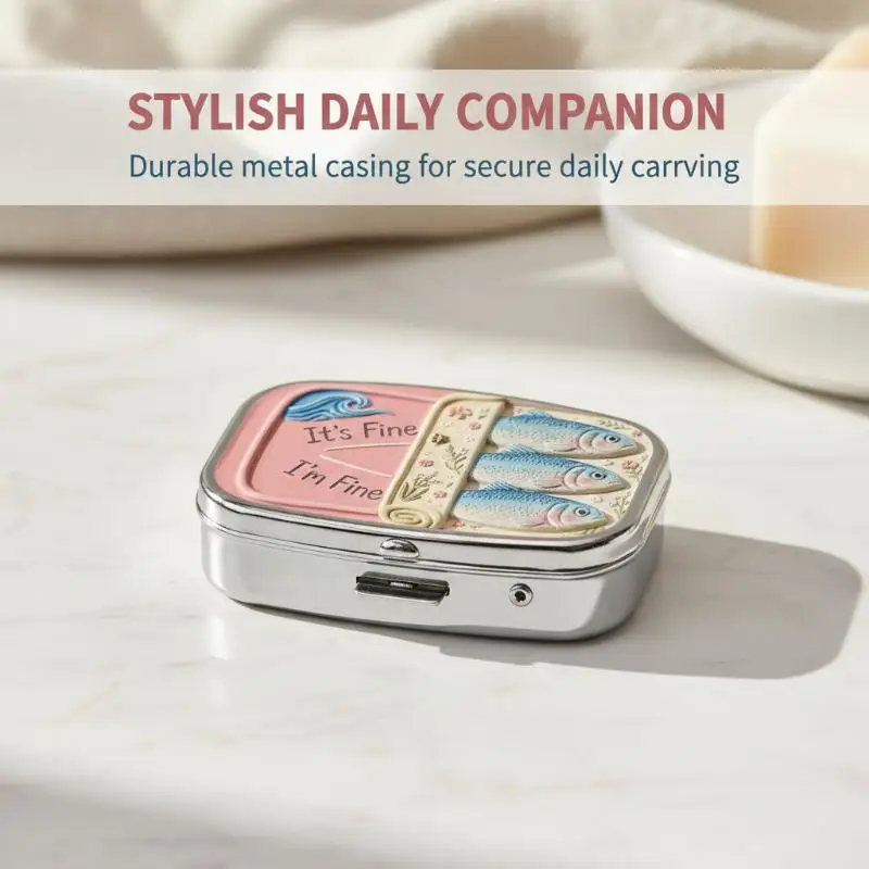 2 Compartments Metal Pill Box, It's Fine I'm Fine Sardine Print Portable Pocket Pill Case, Mini Travel Medicine Storage Contain