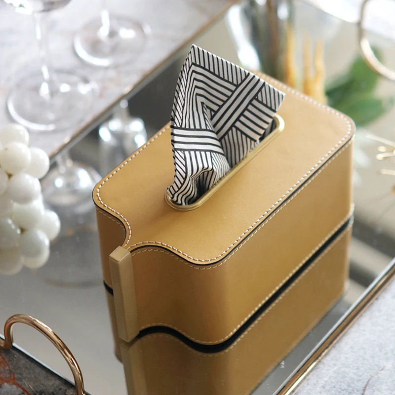 Luxury Brass Tissue Box Living Room Bedroom Paper Pumping Box Creative Leather Napkin Box Dining Table Decoration Ornaments