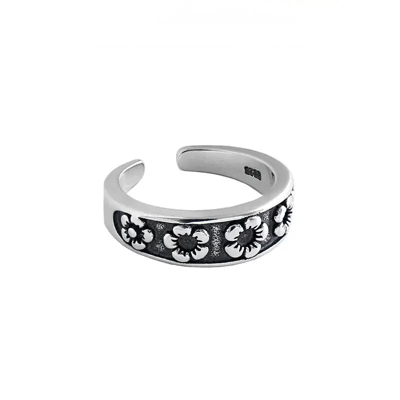 

925 Sterling Silver Open Ring with Vintage Floral Relief Design Oxidized Adjustable Band for Women Retro Statement Jewelry