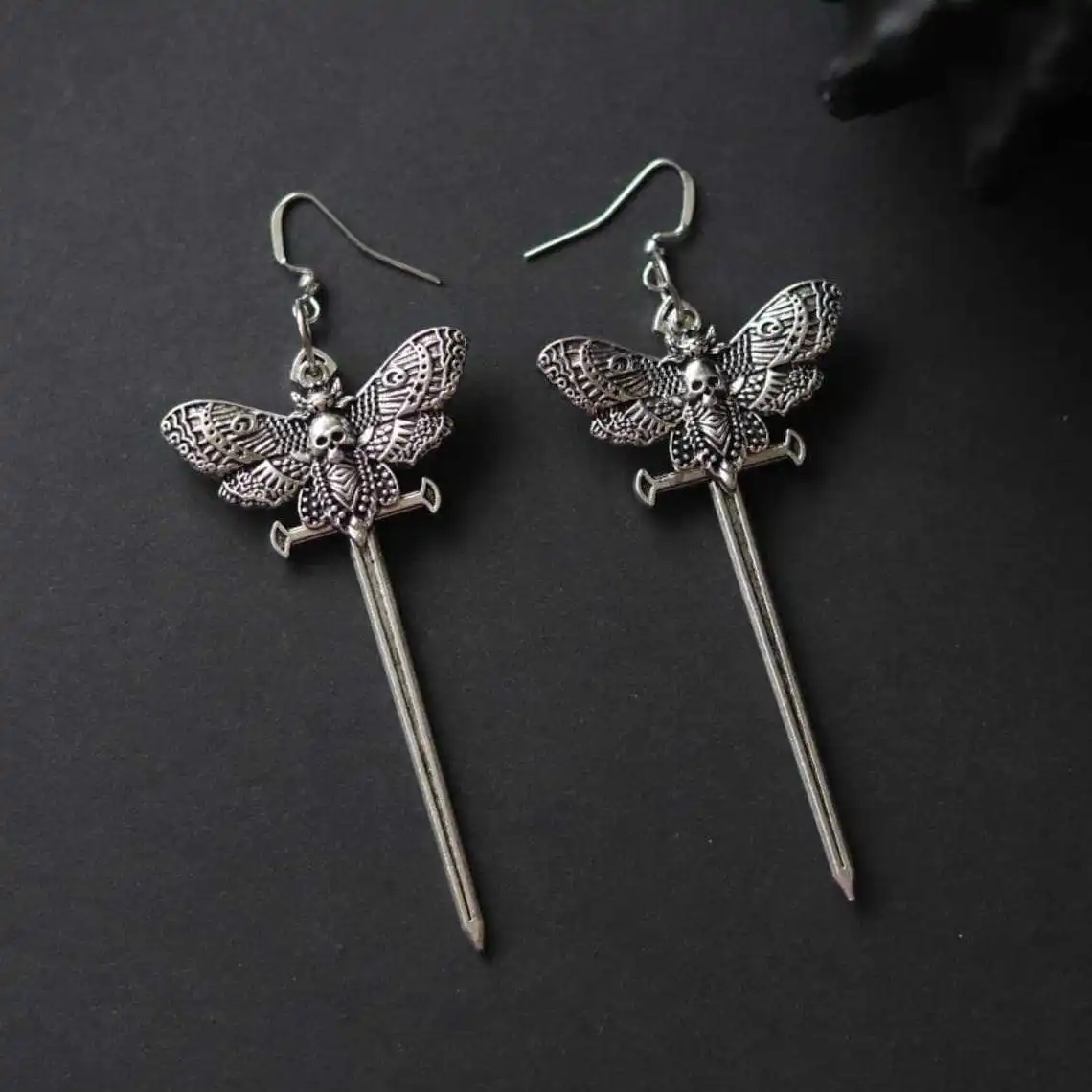 Vintage Moth Moon Sward Earrings For Women Girls Punk Butterfly Insect Rivets Ear Hooks Witch Jewelry Accessory Gifts