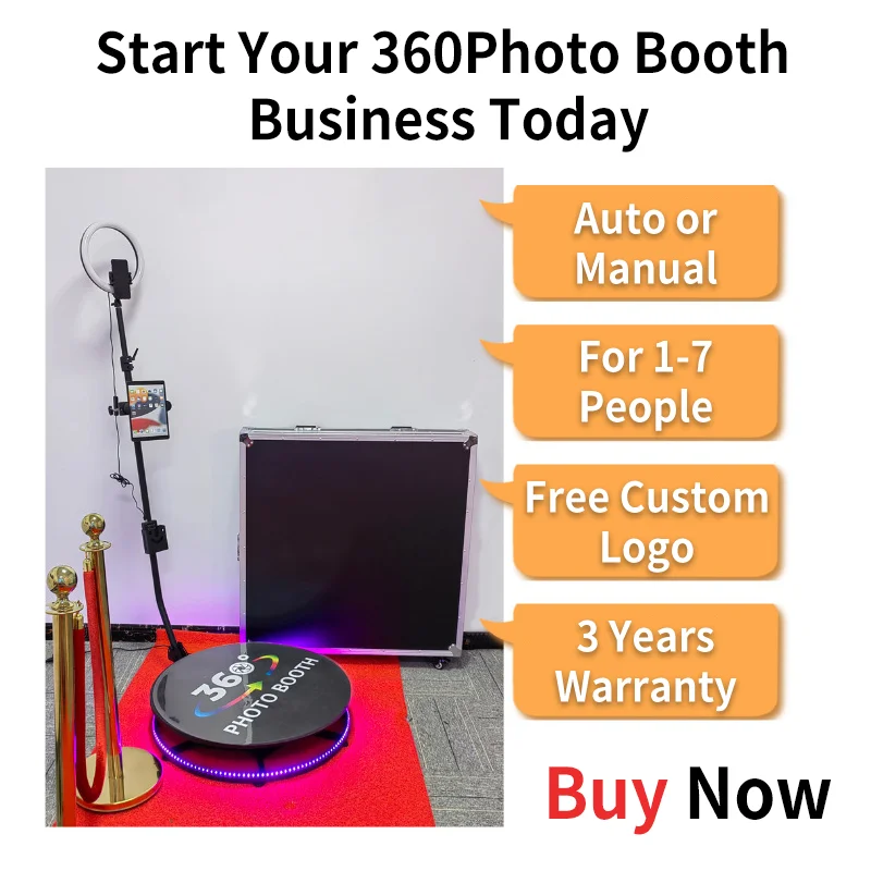 Best price of China manufacturer 360 degree photo booth selfie rotating phone booth spin for parties glass platform metal stage