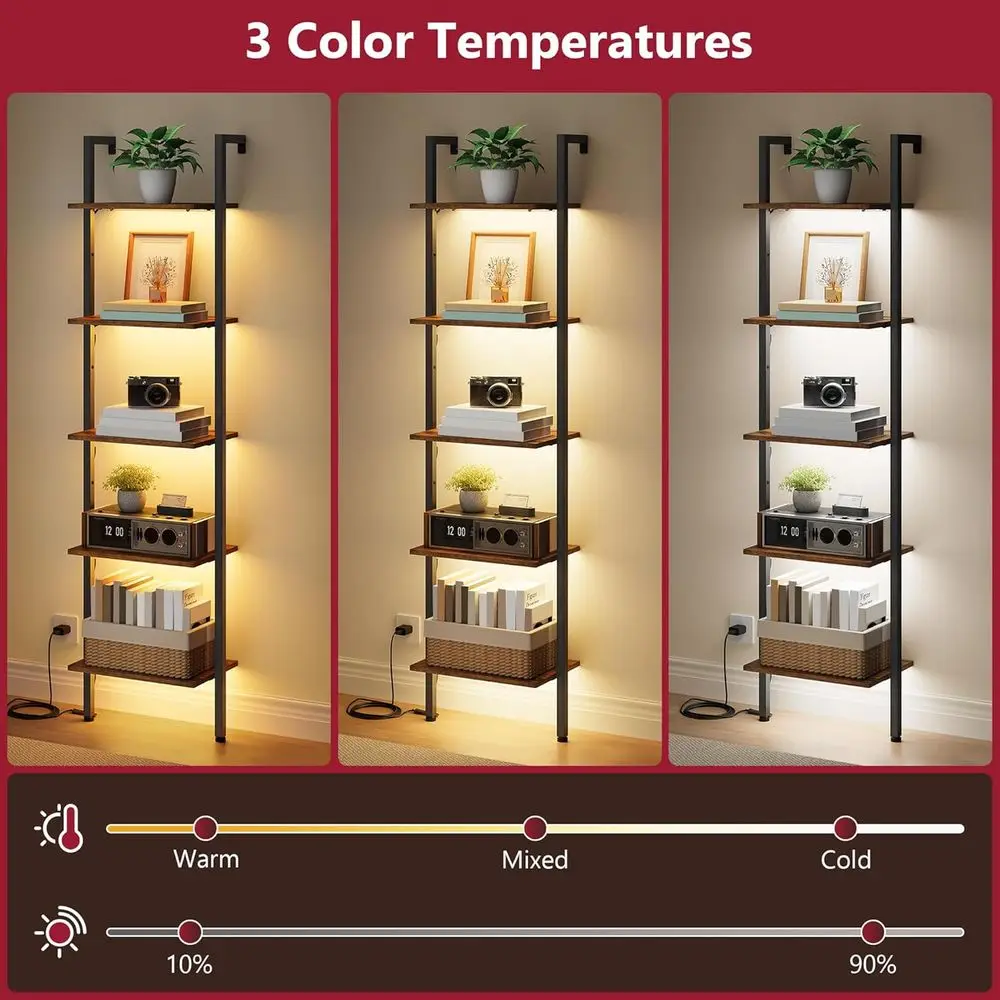 Prateleira de escada com estrutura de metal rústica marrom para sala de estar, quarto, escritório com luz LED