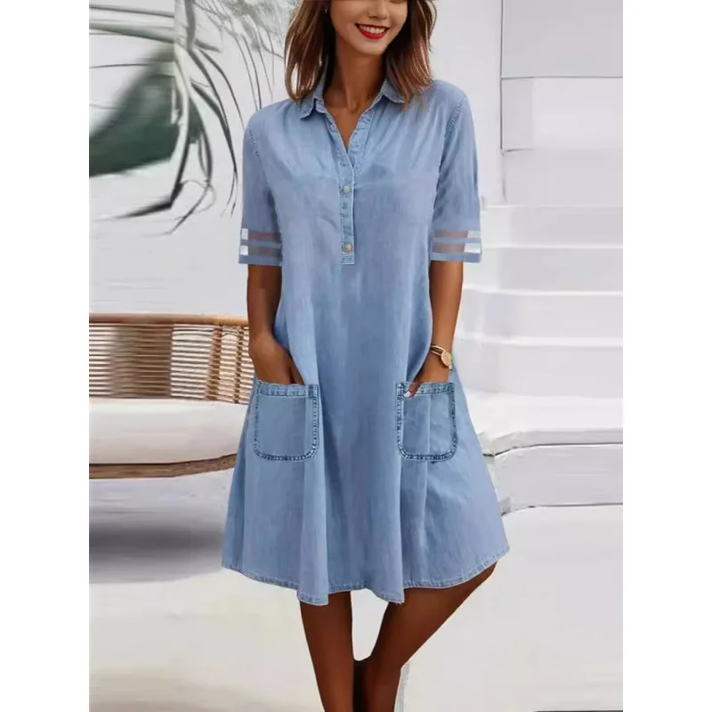 2025 Damen-Kleid mit hoher Taille, einfarbig, Mini-Denim, kurzärmelig, Knopfhalsausschnitt