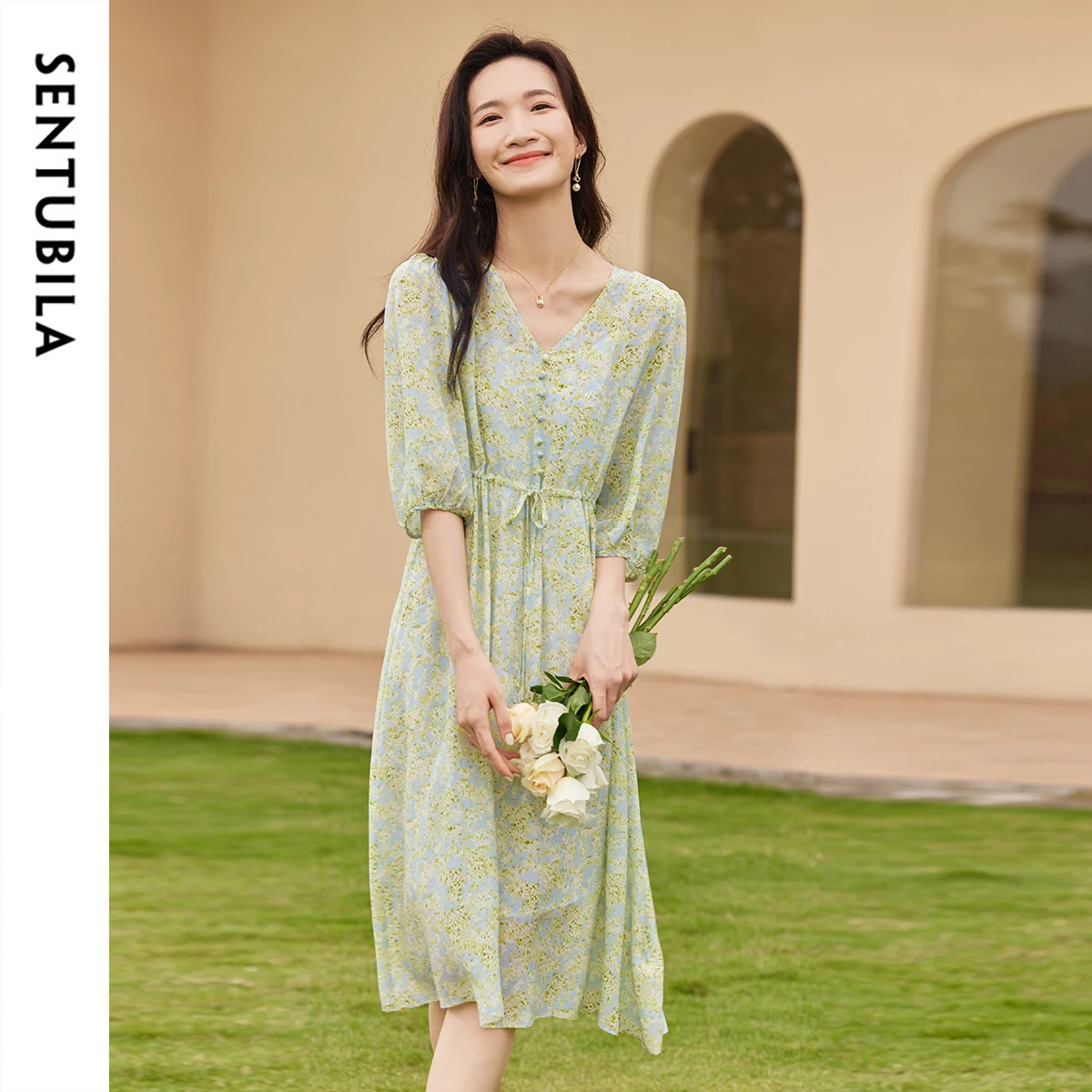 

SENTUBILA Women's Floral Print Dress 2025 Summer 100% Mulberry Silk Prairie Chic Loose Tied Vacation Holiday Dresses 132L49001