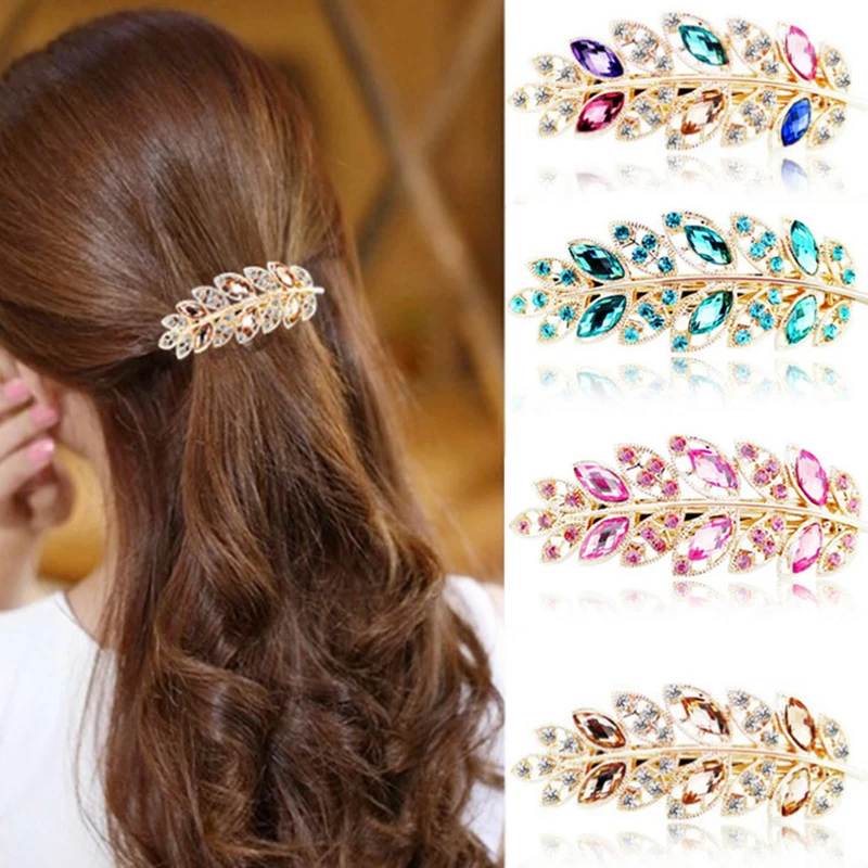 Women Girls Rhinestone Spring Hair Clip Leaf Crystal Fashion Hairpin Horsetail Barrettes Daily Decorating Styling Accessories