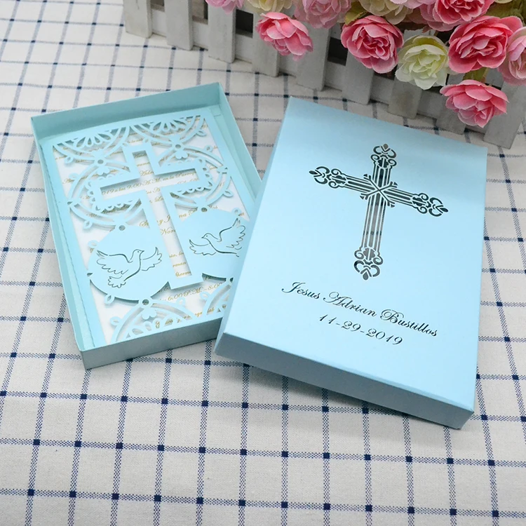 Holy First Communion Laser Cut Pigeon Cross Invitation Card with Personalised Packing Box for Baptism