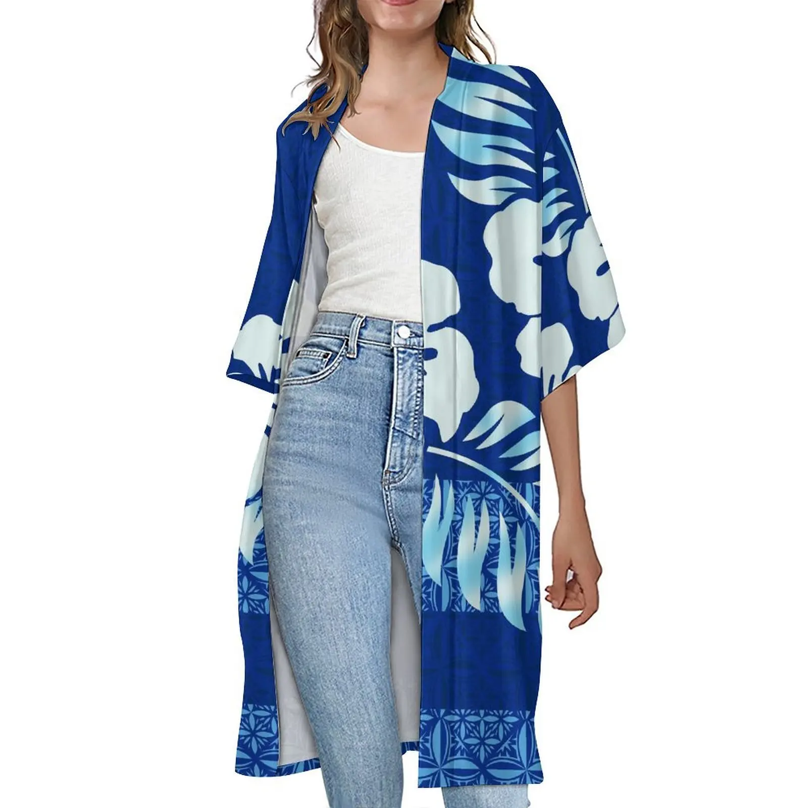 Tribal Ethnic Style Print Design Women'S Summer Short Sleeve Coat Polynesian Custom Women'S Loose Long Windproof Cardigan