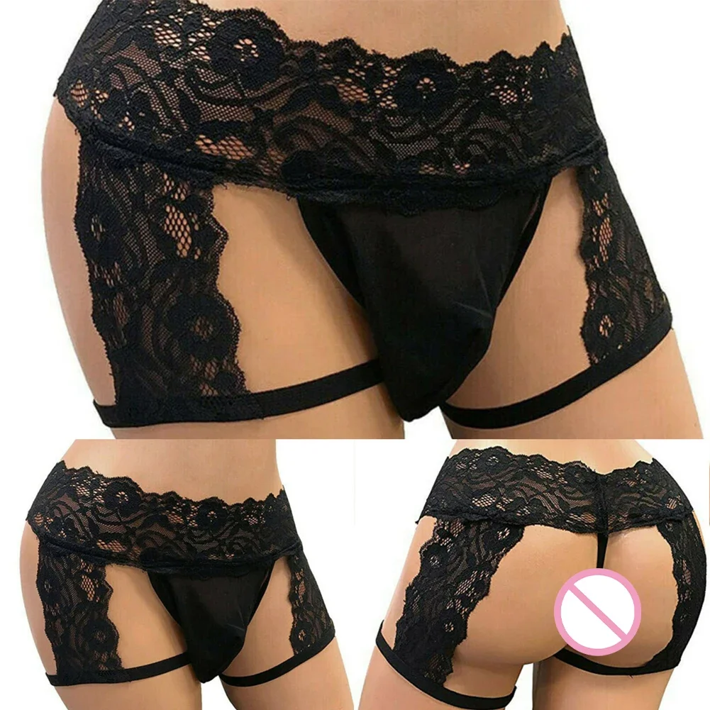 Slip da uomo sexy in pizzo trasparente Mutande Sissy Custodia rigonfia Mutandine sul retro Scava fuori Glutei aperti Intimo Lingerie seducente