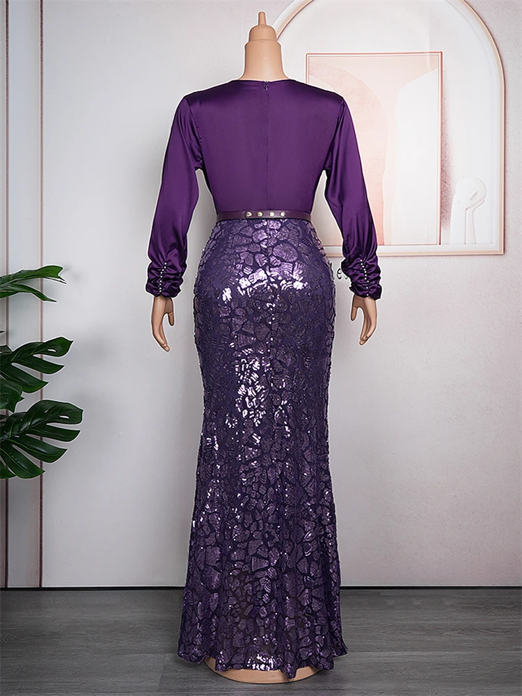 Elegant Party Dresses For Women 2024 Luxury Sequin Beads Prom Dress African Turkey V-neck Bodycon Robe Wedding Birthday Gowns