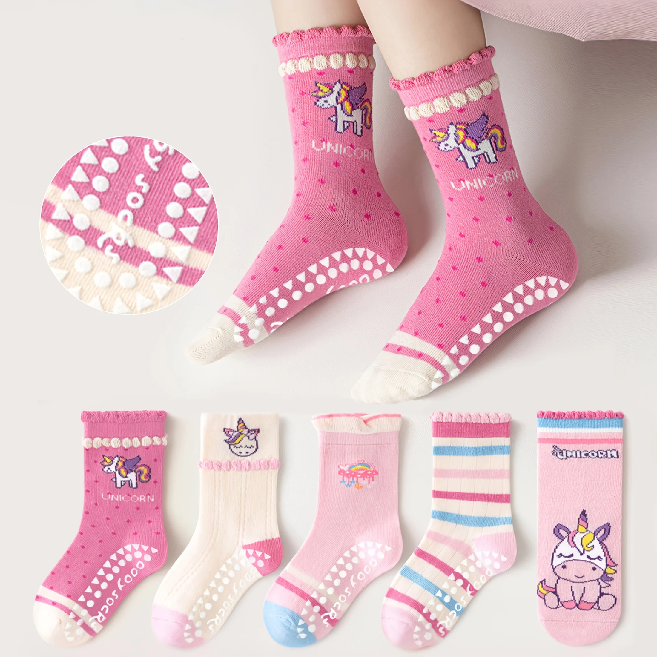 5-Pack Children's Dotted Floor Socks with Rainbow Unicorn Pattern and Lace Trim, Suitable for Boys and Girls, Baby Toddlers, Soft-Soled Indoor Non-Slip Polka Dot Lace Mid-Tube Socks, Ideal for Casual Daily Life