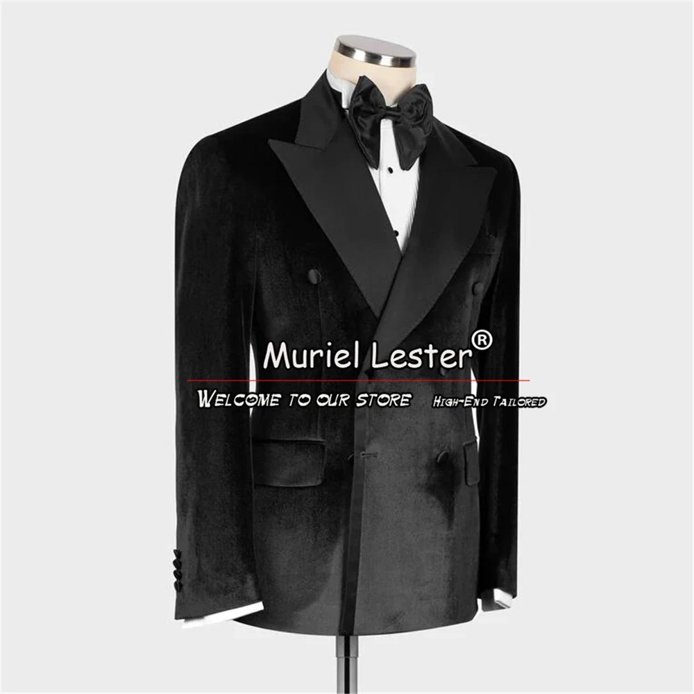 Groom Men Wedding Suits Slim Fit Black Velvet Groom Satin Lapel Double Breasted Tuxedo Tailor-Made 2 Pieces Jacket Pants Clothes