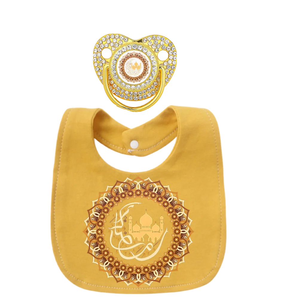 Ramadan Eid Muslim Print Newborn Pacifier and Toddler Feeding Bib Set Islamic Soft Adjustable Soother Dummy Silicone BPA Free