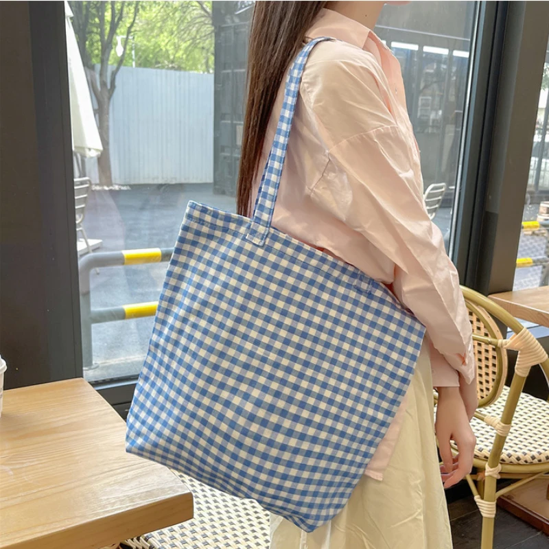 Retro Plaid Women\'s Canvas Shoulder Bag Large Capacity Ladies Reusable Shopping Bags Simple Casual Tote Female Handbags Purse