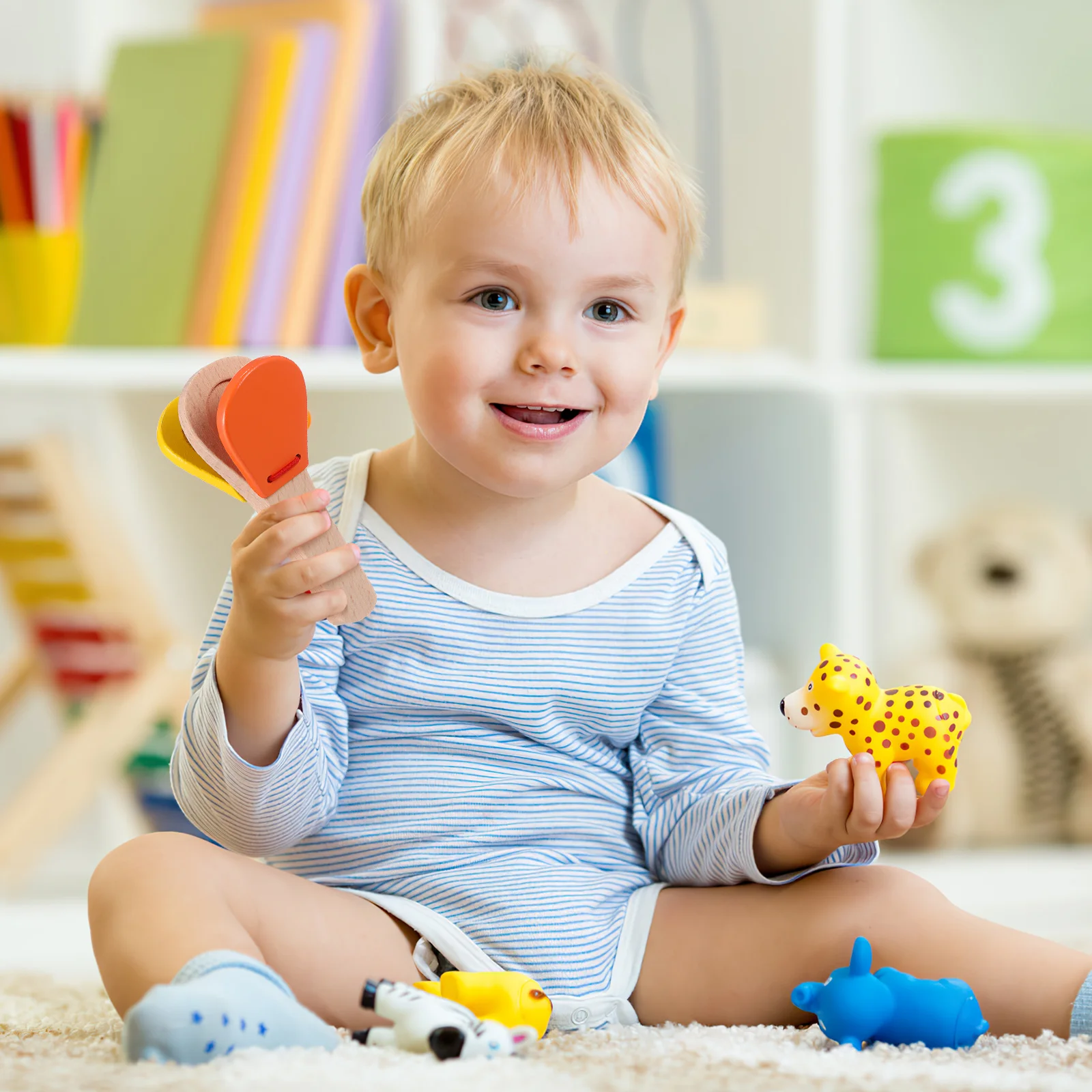 Giocattoli per bambini Maniglia Nacchera Batacchio Musica Strumento musicale Bambù Wooben Percussioni per dita per bambini