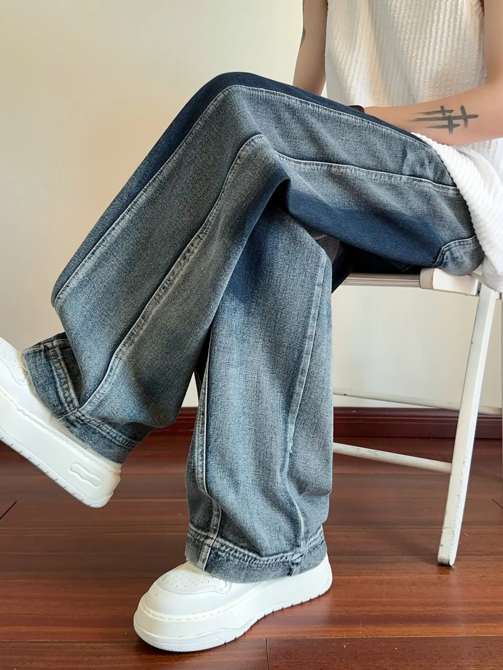 Американские мужские джинсы в стиле ретро, повседневные свободные прямые длинные брюки, осенние модные брендовые уличные широкие длинные джинсы, брюки Y2K