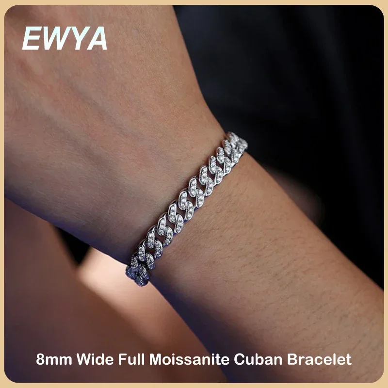 EWYA Sparkling Real Full Moissanite Cuban Chain Bracelet for Men Women 8mm S925 Sterling Silver Hip Hop Diamond Link Bracelets