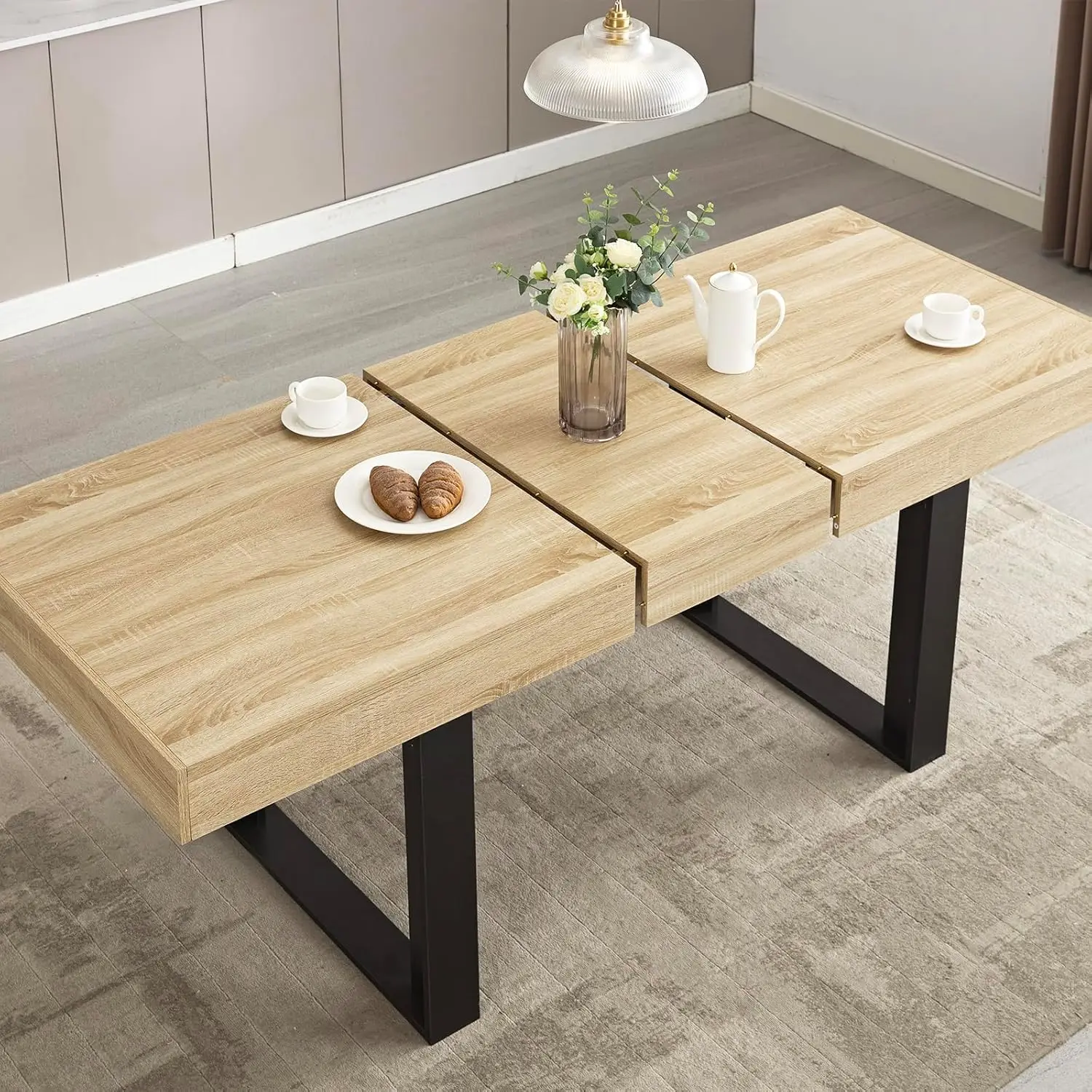 Dining Room Table for 6 8 10, Modern Farmhouse Wooden Kitchen Expanding Table, Long Large Expandable Dining Room Conference Tabl