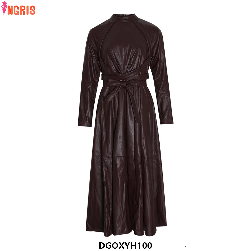 

New design fashion PU stand collar long sleeve high waist leather skirt irregular casual dress-DGOXYH100