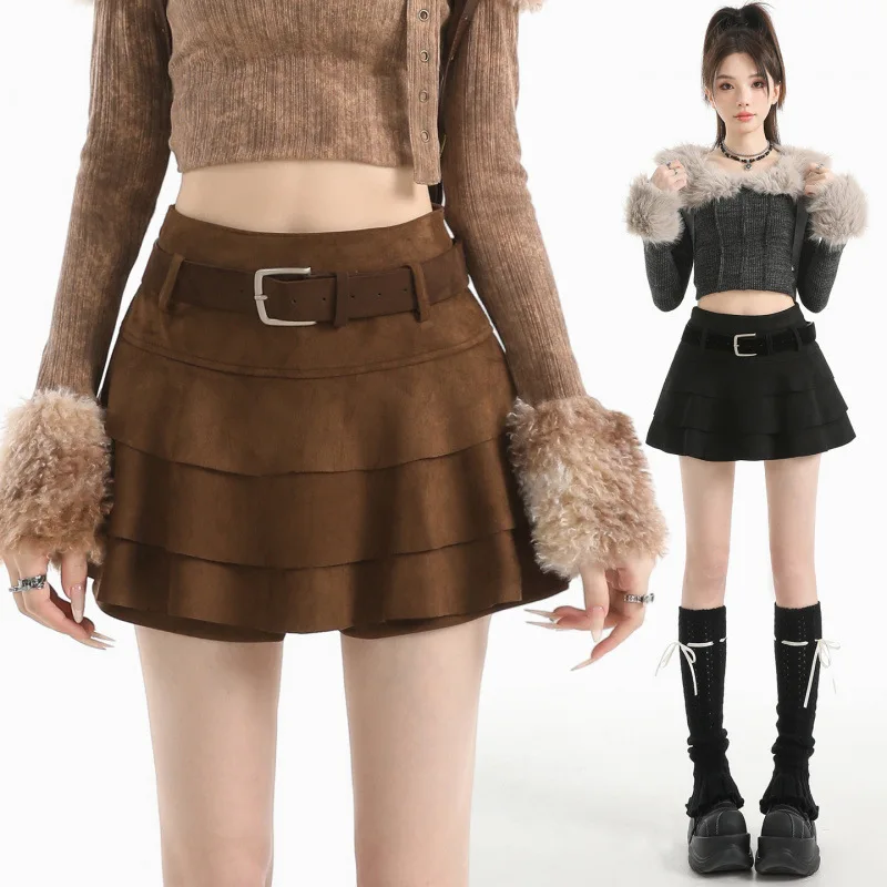 

Мини-юбка трапециевидной формы с высокой талией, женская модная короткая юбка кофейного цвета, дизайн Sensation, уличный стиль, корейская версия, новинка 2023 года