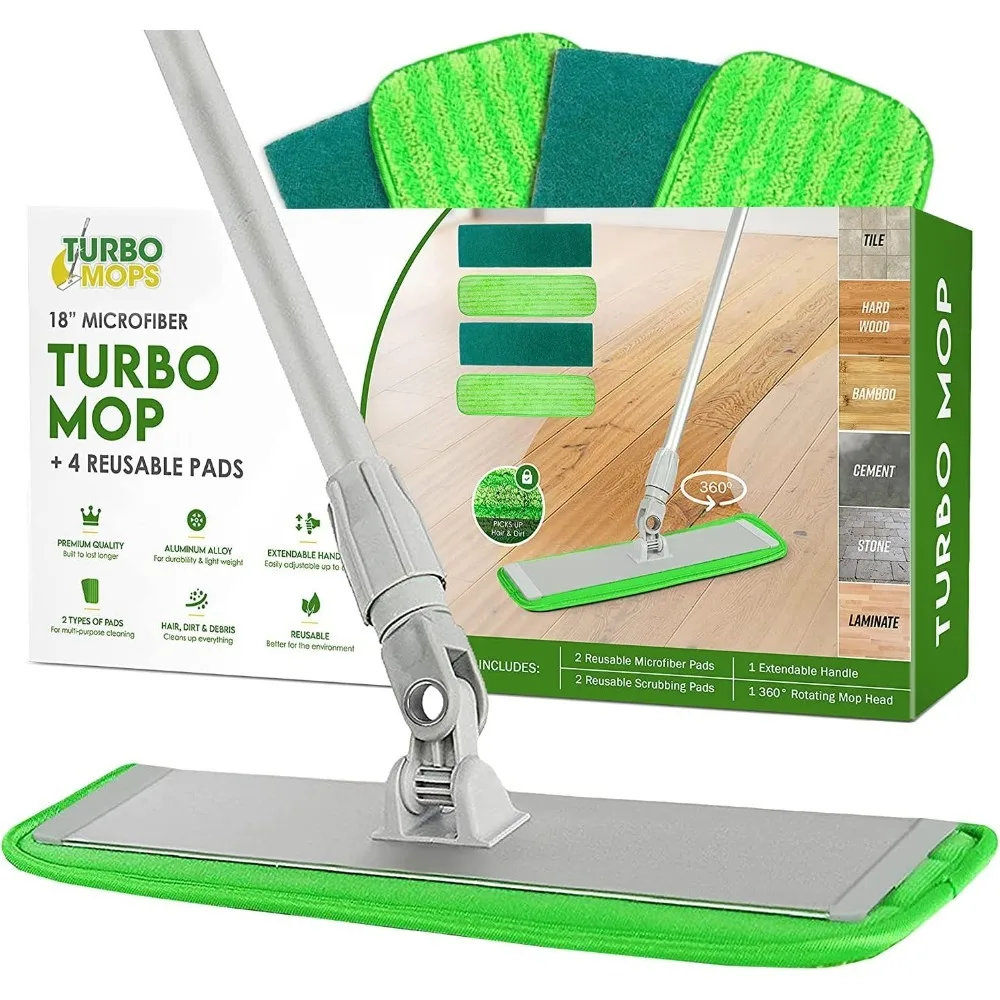 Turbo Microfiber Mop Floor Cleaning System - 18-inch Dust Mop with 4 Reusable Pads for Hardwood and Tile