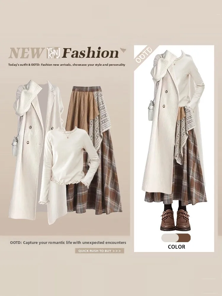 

Large Size Women's Lazy Sle Winter Coat Outerwear Base irt Plaid Splicing Skirt Anti-Aging Faion Tee-Piece Set